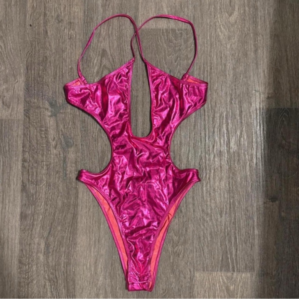 Hot Pink Metallic Cutout Swimsuit